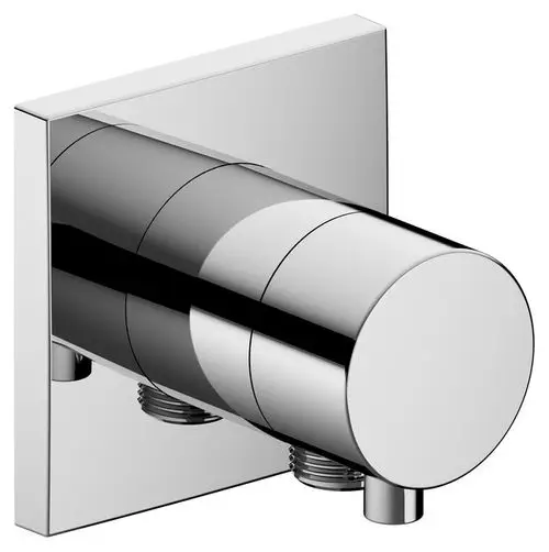 Verchromter 2-Wege Umsteller von Keuco mit Schlauchanschluss, eckigem Design und zwei Anschlüssen für Wasserzufuhr. Wandmontage, minimalistisches Erscheinungsbild.